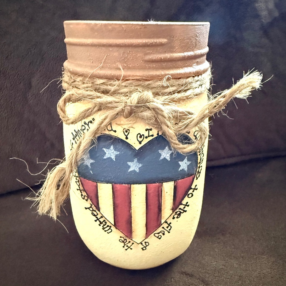 Americana Mason jar with a painted American flag heart And Pledge of Allegiance